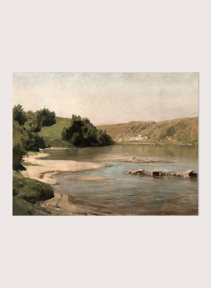 Oka River by Vasili Dmitrievich Polenov is a vintage Russian landscape print of a river bend with sandbar, hills, and trees, a peaceful nature print.