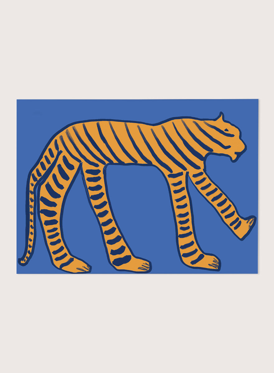 Stylized Blue Tiger by The Art Concept animal art print featuring an orange tiger with deep blue stripes and an elongated, graphic silhouette.
