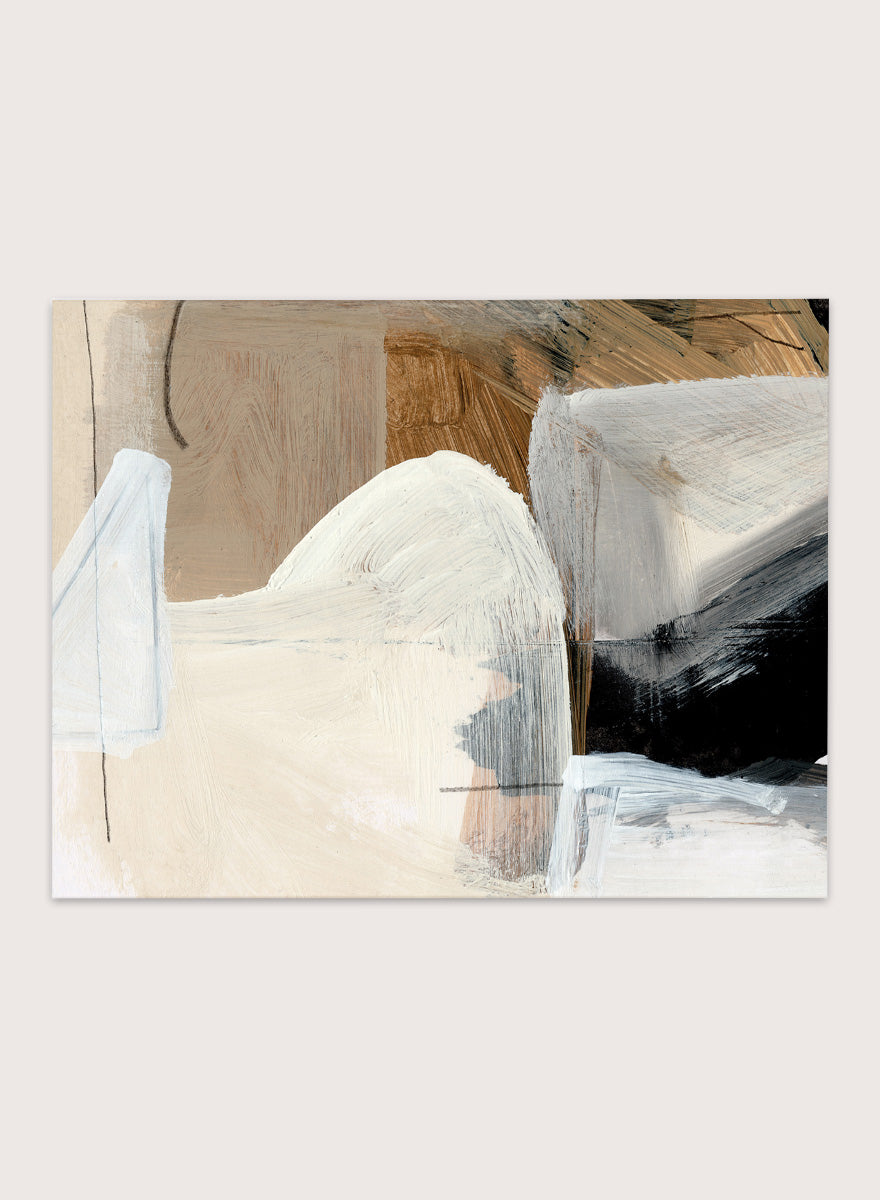 Shop Style Abstract by Dan Hobday, a contemporary abstract art print featuring layered geometric forms, warm neutral tones, black accents, and textured brushwork.