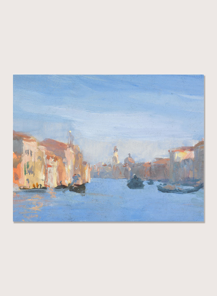 A framed impressionist-style painting of a canal scene with buildings, gondolas, and soft blue water and sky. Venice II by Hercules Brabazon Brabazon is a vintage watercolor art print featuring gondolas, a Venetian canal, soft blue water, and warm city light.