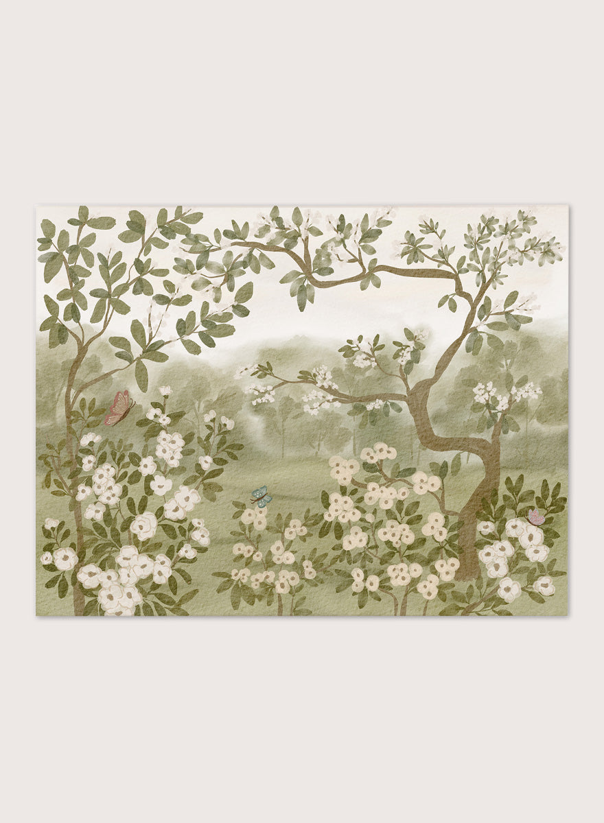 Framed botanical art print featuring white blossoms, green leaves, and soft misty trees in a landscape scene. Shop Serene Spring Garden by Nikita Jariwala, a garden wall art print poster with white flowers, flowering trees, butterflies, and green tones.