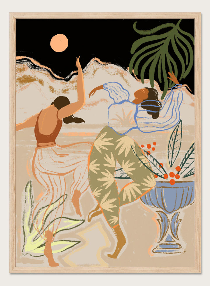 Artistic depiction of two figures dancing with plants and a vase in the background. Moonlight Dance by Arty Guava is a modern illustration art print featuring dancing women, moon imagery, floral elements, and contemporary wall art design.