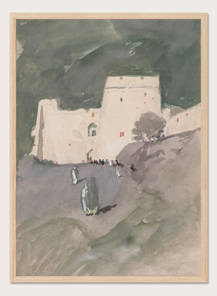 A watercolor painting of a white stone fortress or castle on a hillside, with dark green mountains in the background and small figures near the entrance. A Moorish Citadel by Hercules Brabazon Brabazon is a vintage watercolor art print featuring a pale fortress, figures, rocky ground, and dark green hills.