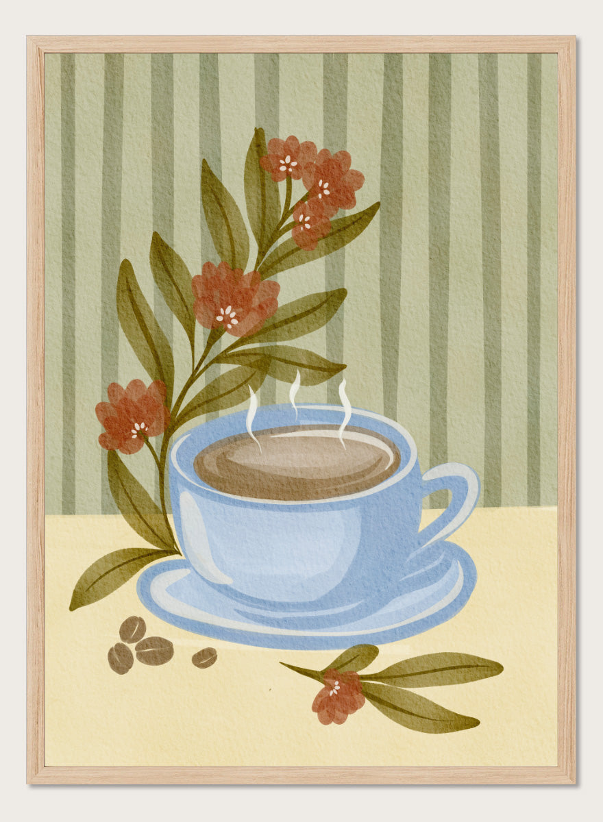 Shop Steaming Coffee Bloom by Nikita Jariwala, a kitchen wall art print poster featuring a blue coffee cup, floral still life, coffee beans, and blue tones.