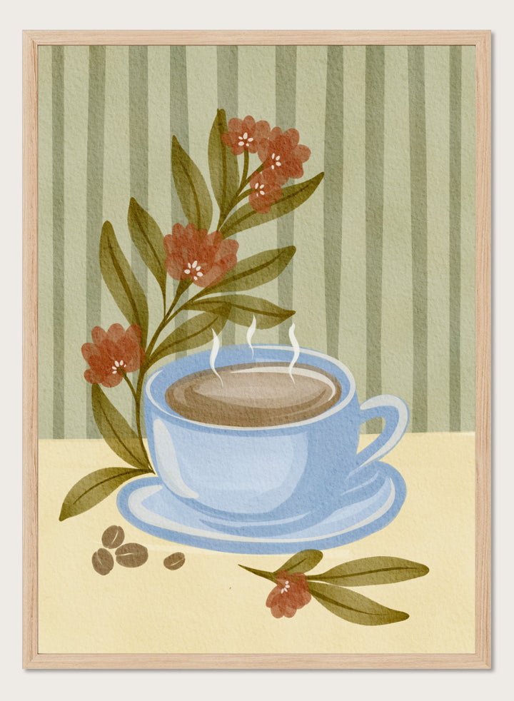 Shop Steaming Coffee Bloom by Nikita Jariwala, a kitchen wall art print poster featuring a blue coffee cup, floral still life, coffee beans, and blue tones.