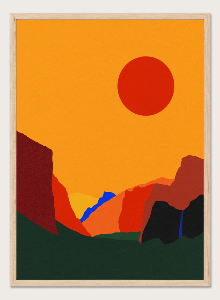 Simplified landscape with red sun, green ground, and brown cliffs. Yosemite Valley by Rosi Feist is a modern minimalist landscape fine art print featuring bold cliffs and a graphic sun. Officially licensed wall poster with optional artisan framing.