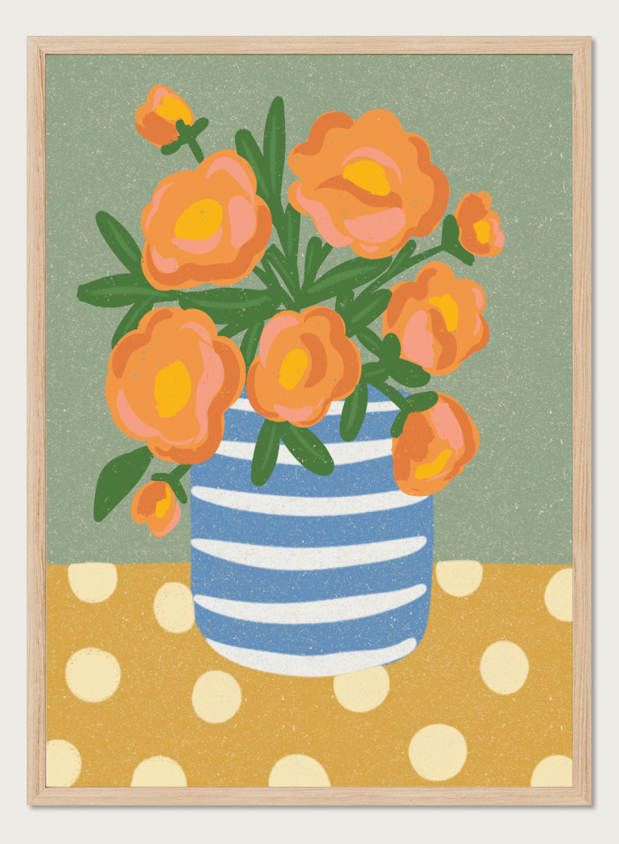 Shop Orange Floral Still Life by Nikita Jariwala, a floral wall art print poster featuring orange flowers in a blue striped vase with playful botanical details.