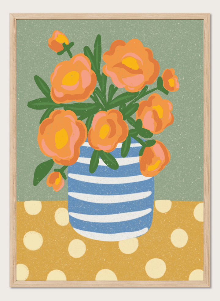 Shop Orange Floral Still Life by Nikita Jariwala, a floral wall art print poster featuring orange flowers in a blue striped vase with playful botanical details.