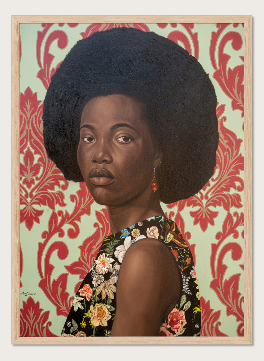 A portrait painting of a woman with a large dark afro hairstyle, wearing a floral-patterned sleeveless top, set against a red and cream damask wallpaper background. Shop Elegant Afro Floral Portrait by Damilare Jamiu, a contemporary portrait art print featuring a woman with afro hair, floral fashion, and rich green and coral tones.