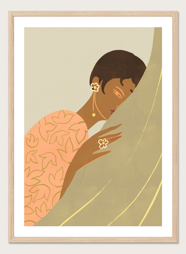 Illustration of a woman wrapped in a floral-patterned shawl with a neutral background. The Introvert by Arty Guava is a modern portrait illustration featuring a woman figure, soft color palette, contemporary wall art style, and officially licensed artwork.