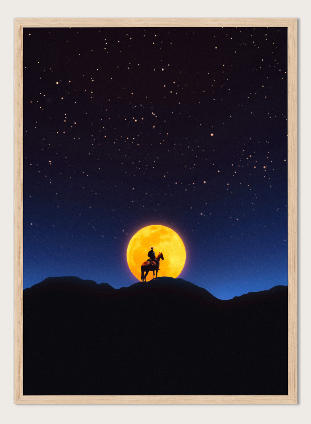 Silhouette of a person on horseback under a large orange moon and starry night sky. The Rider and the Moon by Taudalpoi cowboy moon art print with horse silhouette, starry sky and glowing full moon retro cosmic poster wall art.