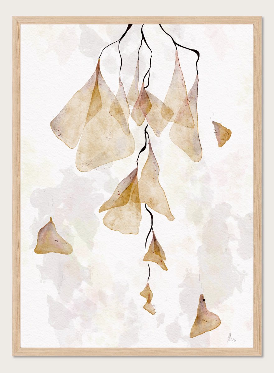 Watercolor art print featuring delicate, translucent beige and tan leaf-like shapes hanging from thin dark stems on a soft off-white background. Shop Translucent Organic Flow by Ankie Kooi, an abstract botanical wall art print poster with hanging watercolor florals, organic line art, and cream tones.