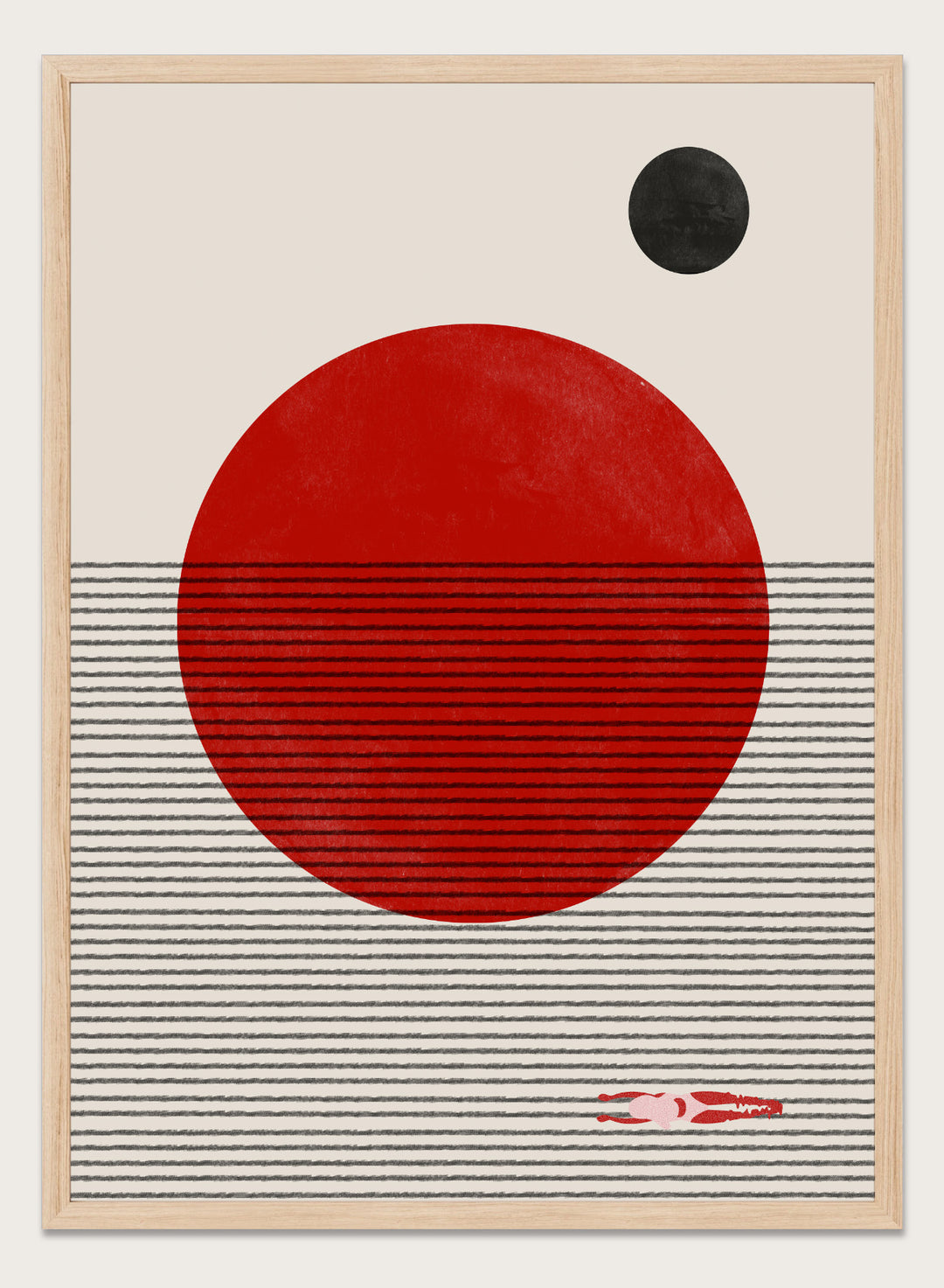 Abstract design with a red circle, black dot, and striped pattern on a beige background. Floating Horizons by The MIUUS Studio is a minimalist abstract art print and wall poster featuring geometric shapes, red sun, ocean lines, and swimmer detail.