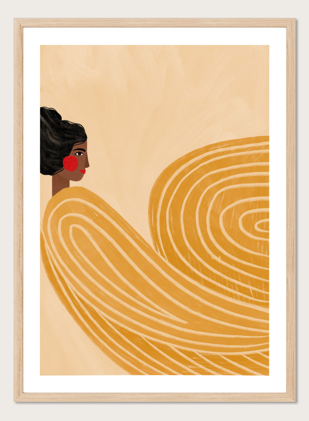 The Woman With the Yellow Stripes by Bea Müller is an officially licensed art print featuring flowing yellow lines and a warm modern portrait. Framed or unframed options available.