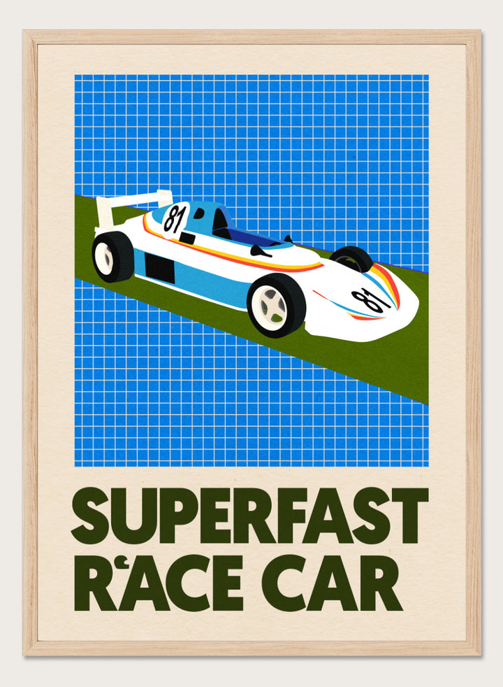Poster of a race car with 'Superfast Race Car' text on a grid background. Superfast Race Car by Rosi Feist is a modern race car art print with bold graphic color, retro motorsport style, and contemporary poster design.
