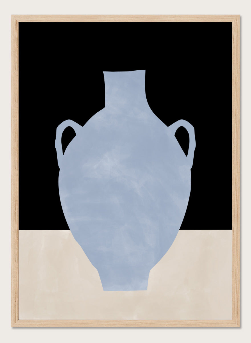 Shop Blue Minimalist Vase by Elena Ristova, a modern still life wall art print poster featuring a pale blue amphora against black and cream blocks.