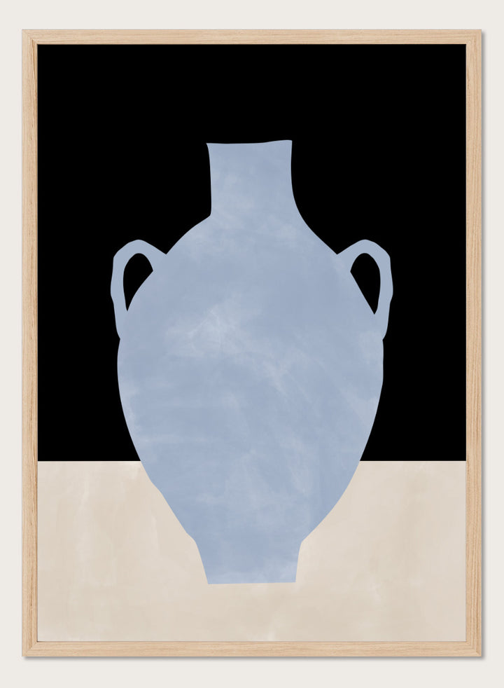 Shop Blue Minimalist Vase by Elena Ristova, a modern still life wall art print poster featuring a pale blue amphora against black and cream blocks.