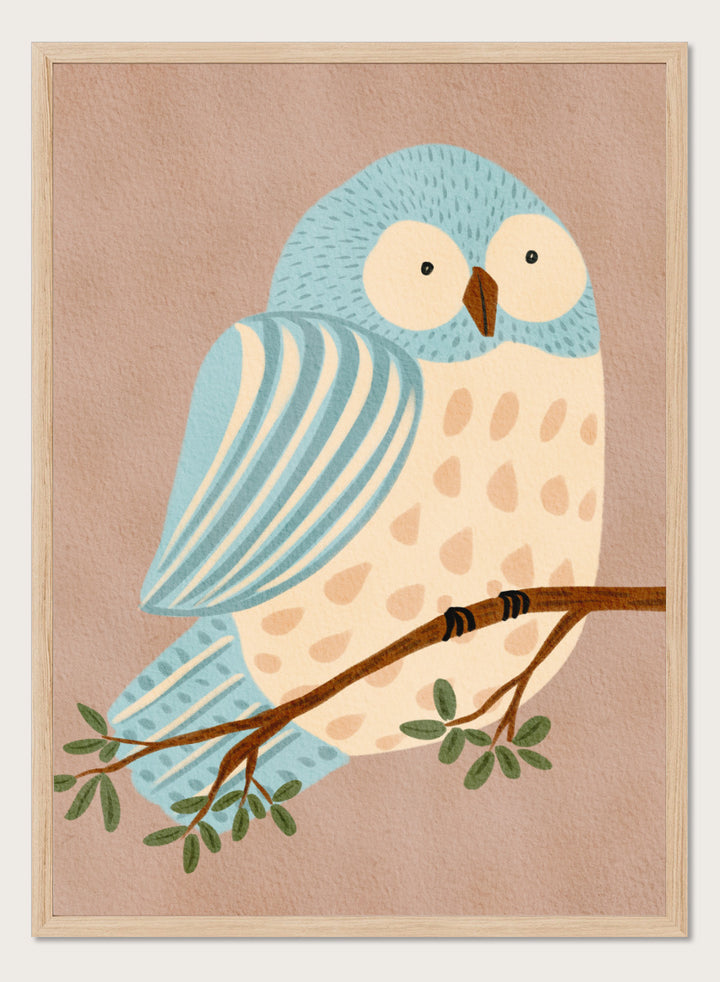 A stylized illustration of a blue and cream owl perched on a brown branch with green leaves, set against a warm beige background. Shop Whimsical Blue Owl by Nikita Jariwala, a blue owl wall art print poster for nursery and kids room decor featuring a playful bird illustration and soft blue tones.