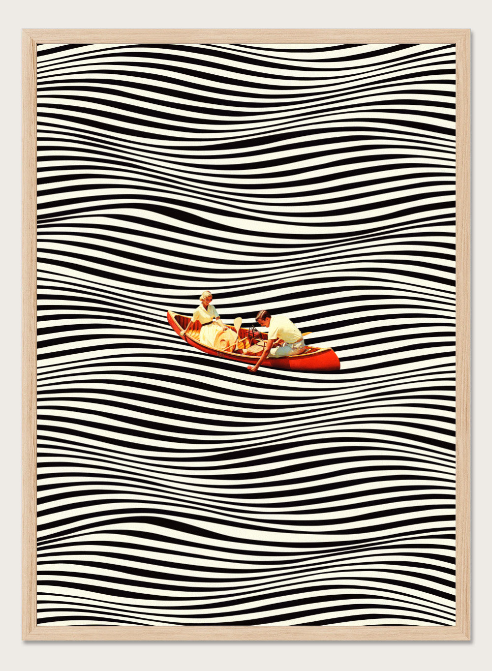 Two people in a red boat on a background of black and white wavy lines. The Real Boat Trip by Taudalpoi features a surreal boat illustration floating on black and white wavy lines. Retro collage art print with optical illusion design and optional framing.