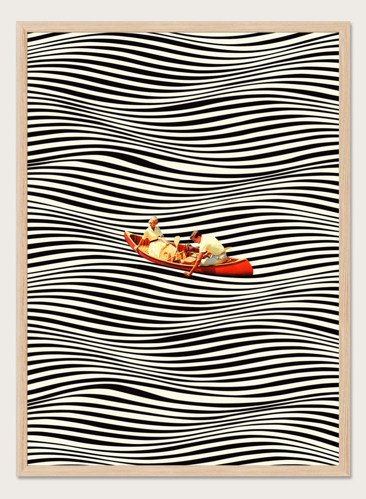 Two people in a red boat on a background of black and white wavy lines. The Real Boat Trip by Taudalpoi features a surreal boat illustration floating on black and white wavy lines. Retro collage art print with optical illusion design and optional framing.