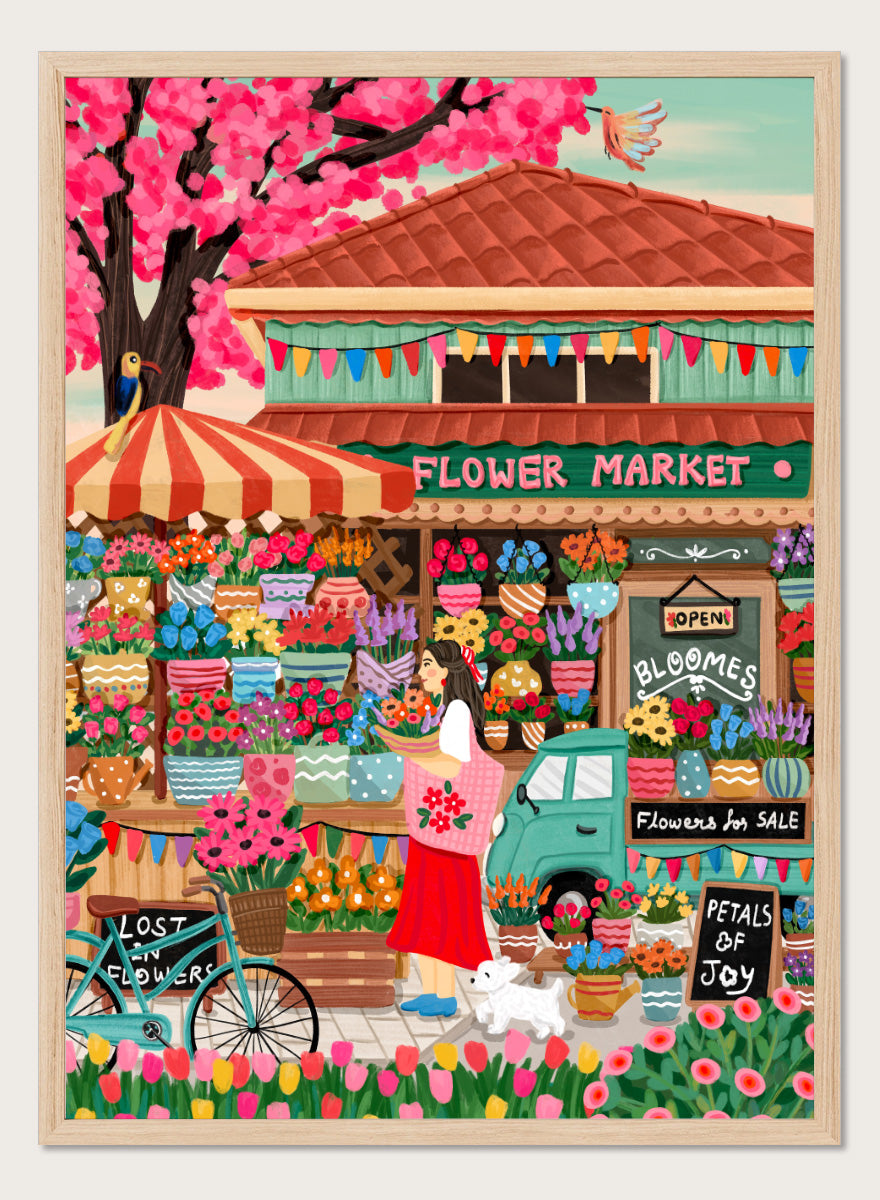 A colorful illustrated flower market scene with a shop front, blooming pink cherry blossoms, flower stalls, a woman standing by a bicycle, and signs reading &