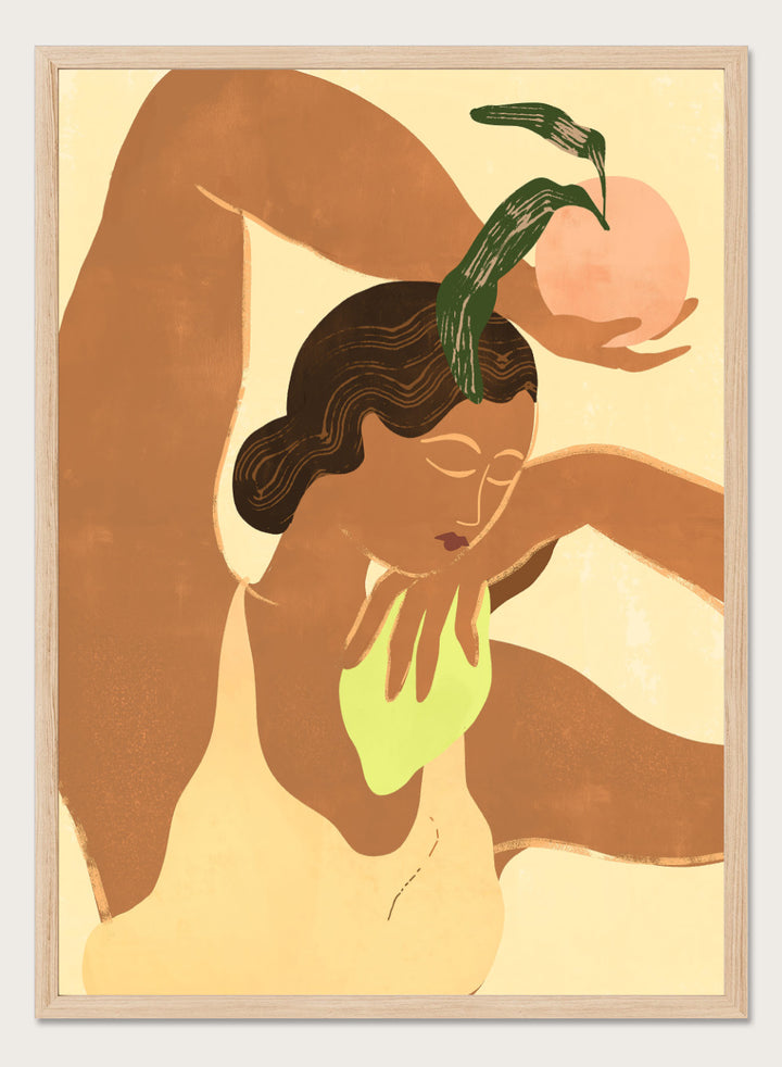 Artistic depiction of a woman with abstract elements on a beige background. Lemon Apple by Arty Guava art print, modern woman and fruit illustration, contemporary aesthetic wall poster in warm yellow and soft green tones.