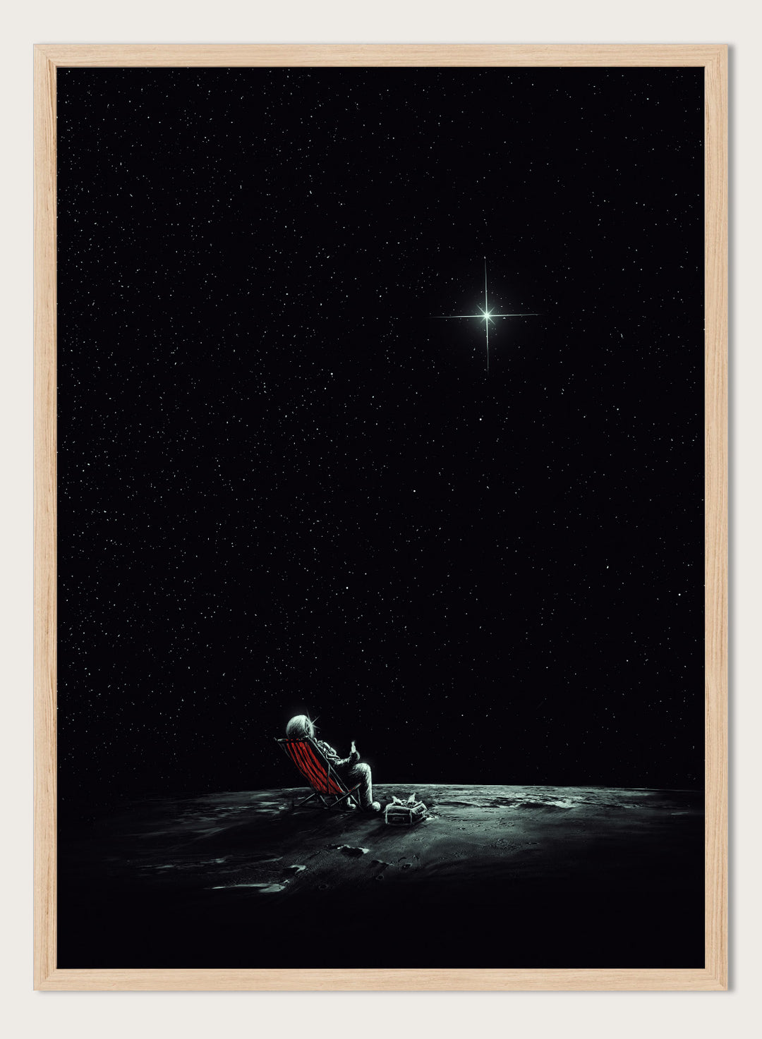 Person sitting on a chair under a starry sky. Astronaut Star Gazer by Nicebleed is a surreal space art print featuring a lone astronaut under a star-filled sky, modern aesthetic wall poster.