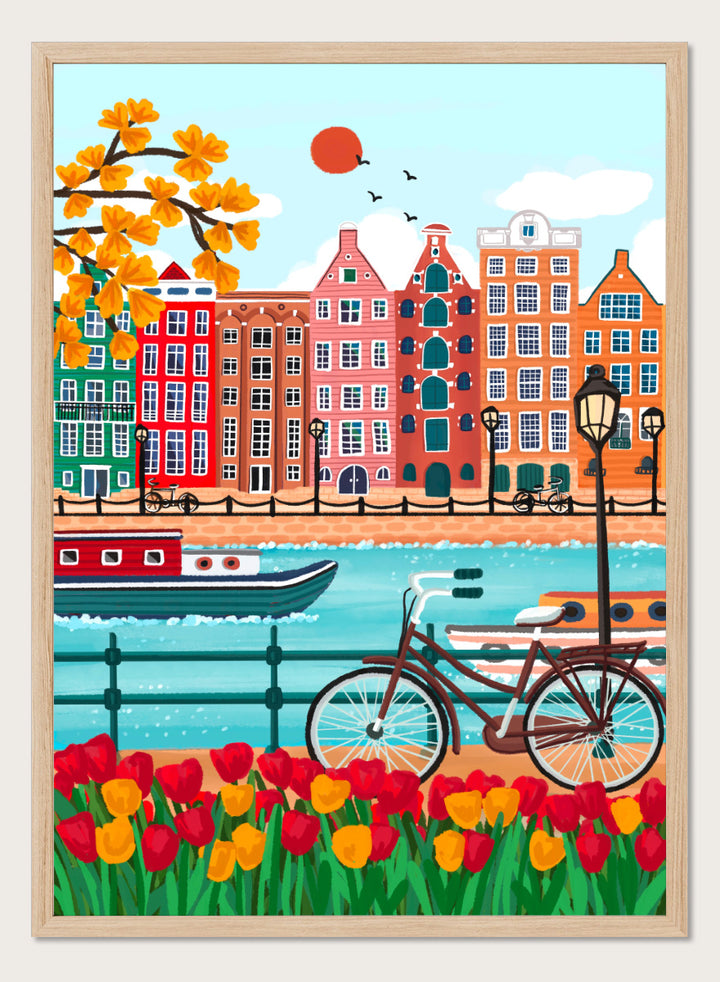 A colorful illustrated city canal scene with row houses, a bicycle, boats, flowers, and a bright sun.  Shop Colorful Amsterdam Canal by Nidhi Kachhadiya, a vibrant Amsterdam wall art print with canal houses, tulips, a bicycle, and colorful city charm.