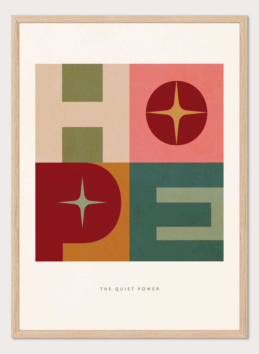 Shop Hope Retro Typography by Dominique Vari, a retro typography wall art print poster featuring bold geometric letters, star shapes, and warm vintage-inspired color.