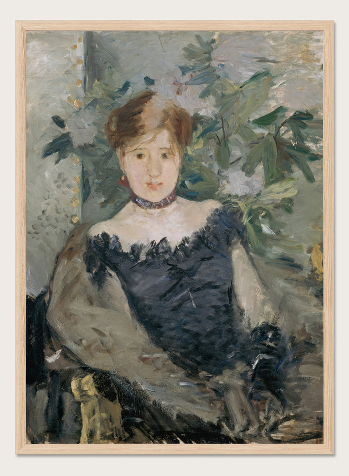 Le Corsage Noir by Berthe Morisot is a vintage Impressionist portrait print of a young woman in a black bodice, red ribbon, and white flowers behind her.