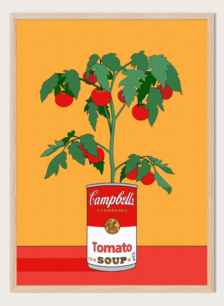 A stylized pop-art illustration of a tomato plant growing out of a Campbell&