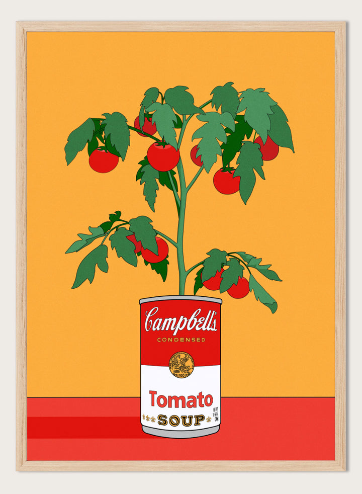 A stylized pop-art illustration of a tomato plant growing out of a Campbell&