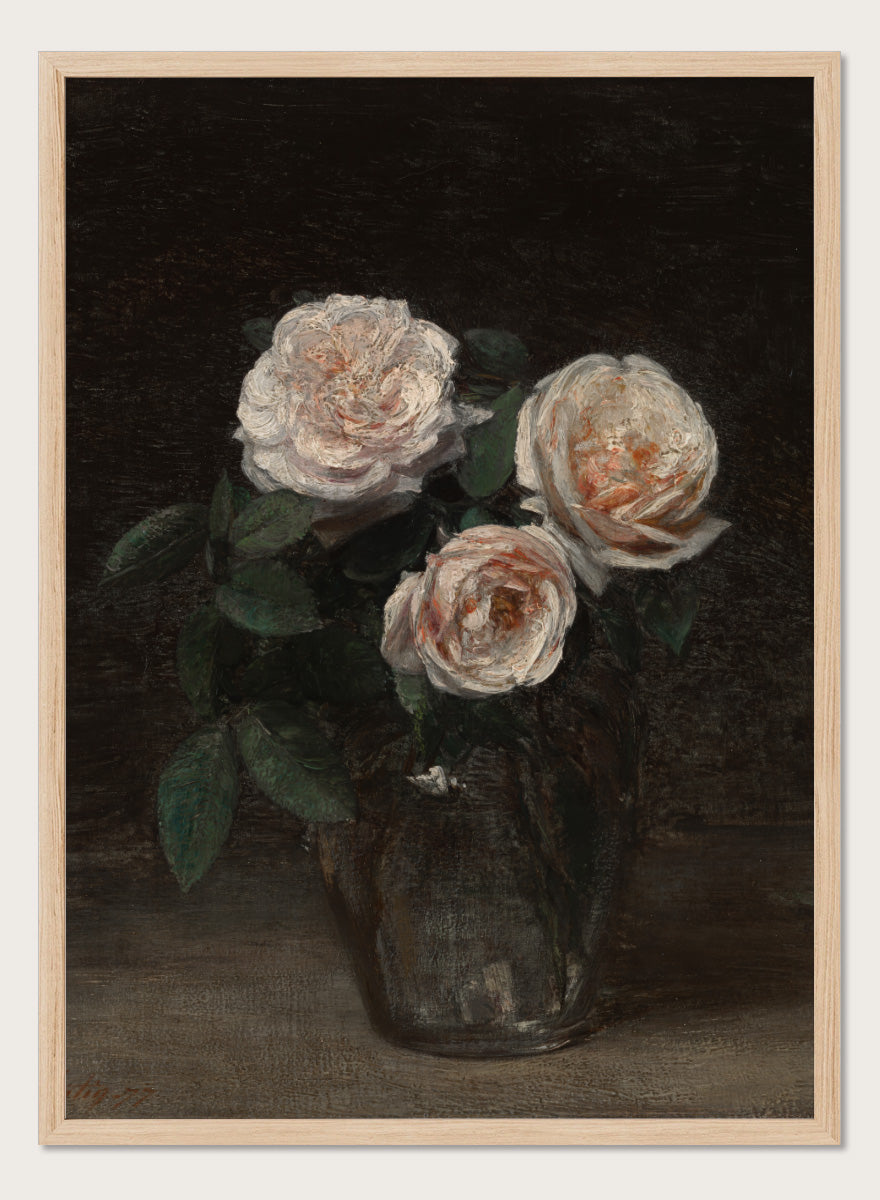 Shop Still Life with Roses by Henri Fantin-Latour, a vintage floral wall art print poster featuring pale roses against a rich brown background.