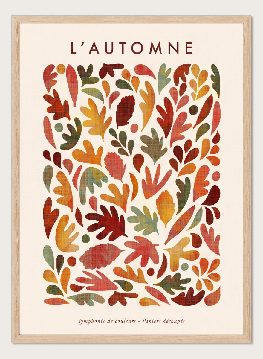 Shop Earthy Organic Leaves by Dominique Vari, an autumn botanical wall art print poster featuring abstract fall leaves in orange, red, olive, mustard, and warm earthy tones.