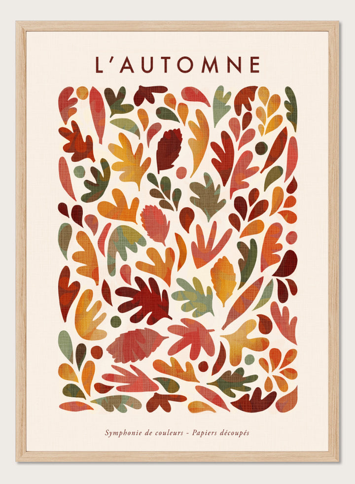 Shop Earthy Organic Leaves by Dominique Vari, an autumn botanical wall art print poster featuring abstract fall leaves in orange, red, olive, mustard, and warm earthy tones.