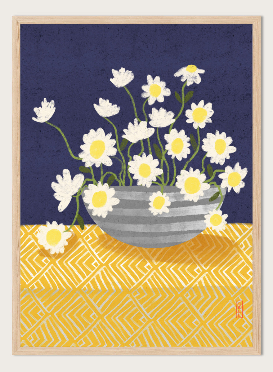 A stylized floral still life artwork showing white daisies with yellow centers in a gray striped bowl, set against a dark navy background and a yellow patterned surface. Shop Cheerful Daisy Arrangement by Dirkie Nell, a colorful floral art print featuring white daisies, a striped vase, navy blue background, and mustard yellow pattern.