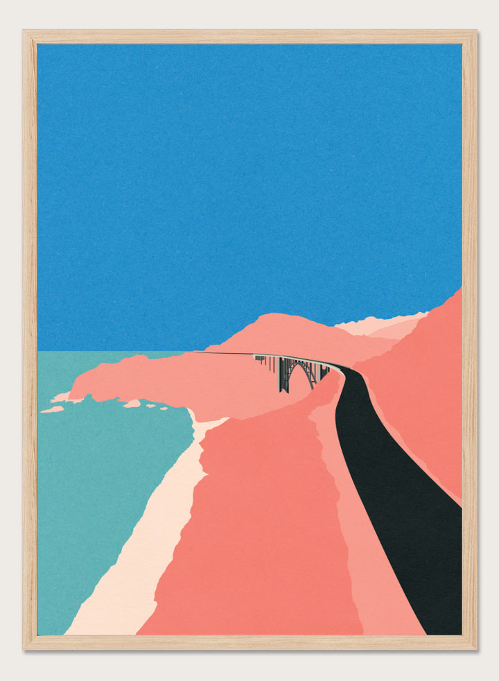 Artistic illustration of a coastal road with cliffs and blue sky. Pacific Coast Highway Big Sur by Rosi Feist is a modern minimalist landscape art print with bold color and Bauhaus-inspired graphic design. Officially licensed fine art poster with framing.