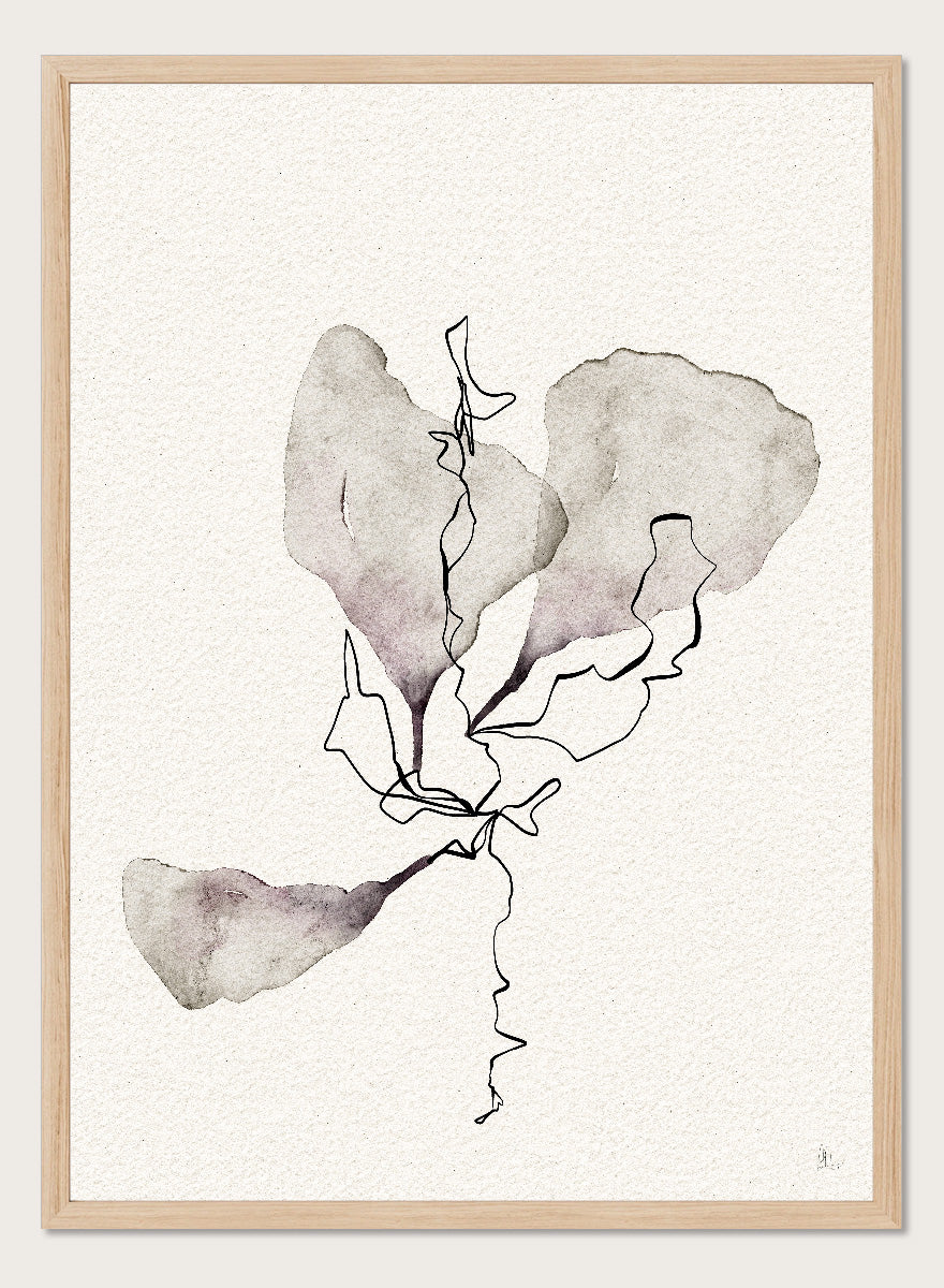 Shop Delicate Botanical Study by Ankie Kooi, a modern botanical wall art print poster with minimalist flower line art, abstract florals, soft taupe, and dusty lavender.