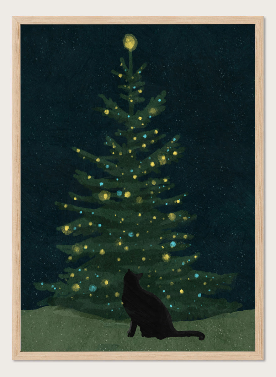 Shop Christmas Wishes by Katie O’Shea, a charming black cat Christmas wall art print poster featuring a glowing tree, festive lights, and deep green tones.