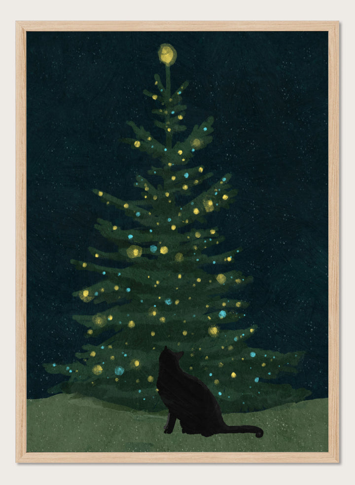 Shop Christmas Wishes by Katie O’Shea, a charming black cat Christmas wall art print poster featuring a glowing tree, festive lights, and deep green tones.