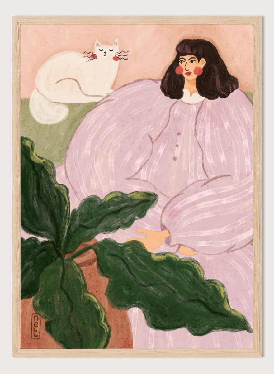 A stylized painting of a woman in a pale pink striped dress seated beside a white cat, with large green leaves in the foreground and a peach background. Cozy Woman With Cat by Dirkie Nell is a colorful portrait and animal art print featuring a woman in lavender, a white cat, oversized leaves, and soft pink tones.