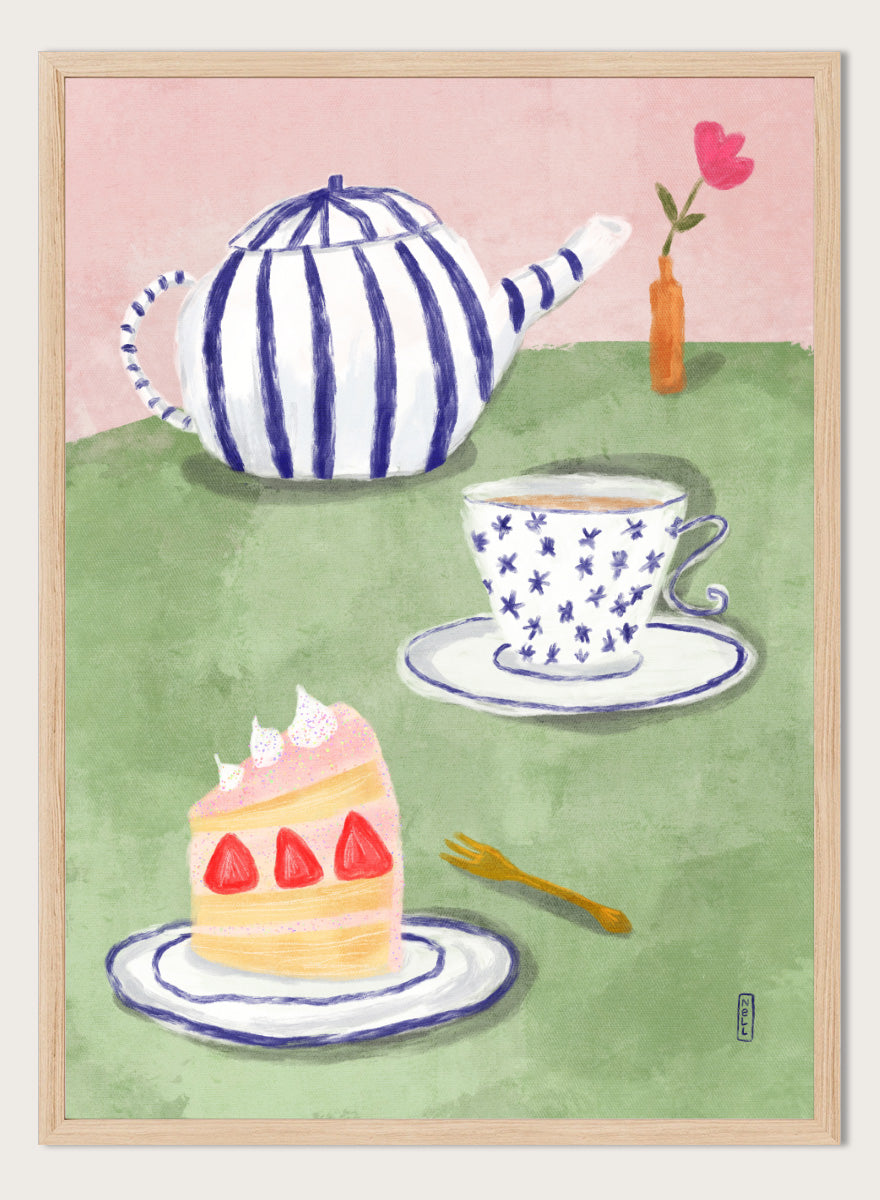 A whimsical watercolor-style illustration of a tea-time scene with a blue-and-white striped teapot, a blue-and-white patterned teacup and saucer, a slice of strawberry cake on a plate, a small gold fork, and a pink background with a vase holding a flower. Shop Strawberry Tea Time by Dirkie Nell, a colorful still life art print featuring strawberry cake, tea, a striped teapot, pink flowers, and retro pastel tones.