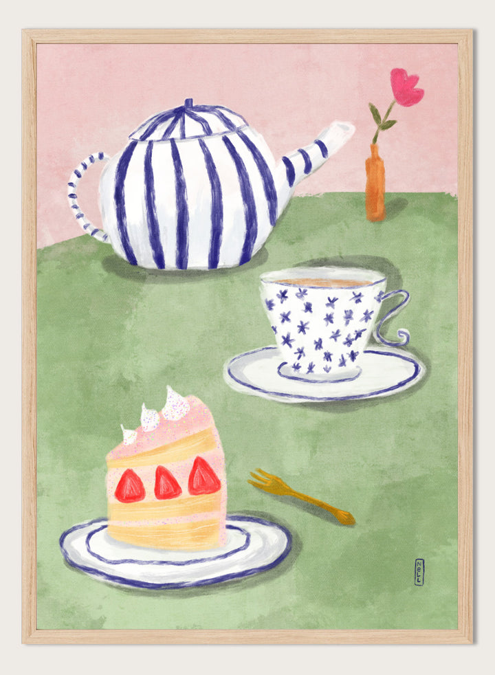 A whimsical watercolor-style illustration of a tea-time scene with a blue-and-white striped teapot, a blue-and-white patterned teacup and saucer, a slice of strawberry cake on a plate, a small gold fork, and a pink background with a vase holding a flower. Shop Strawberry Tea Time by Dirkie Nell, a colorful still life art print featuring strawberry cake, tea, a striped teapot, pink flowers, and retro pastel tones.