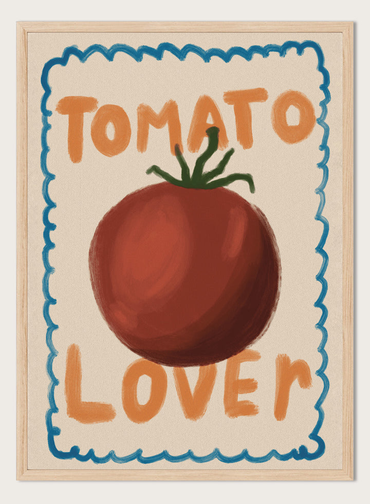 An art print featuring a painted red tomato with a green stem, surrounded by a scalloped blue border on a cream background. The words &