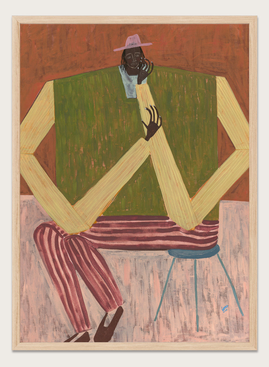 Surrealistic painting of a person sitting on a chair with geometric shapes and abstract design. Take a Moment by Studio IMO (Ibi Meier-Oruitemeka) is a modern figurative art print featuring a seated figure in a calm, reflective pose, designed as a contemporary wall art poster.