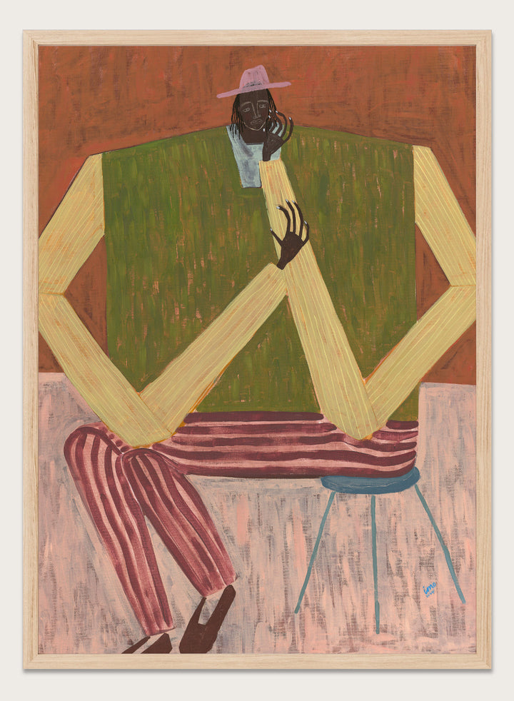 Surrealistic painting of a person sitting on a chair with geometric shapes and abstract design. Take a Moment by Studio IMO (Ibi Meier-Oruitemeka) is a modern figurative art print featuring a seated figure in a calm, reflective pose, designed as a contemporary wall art poster.