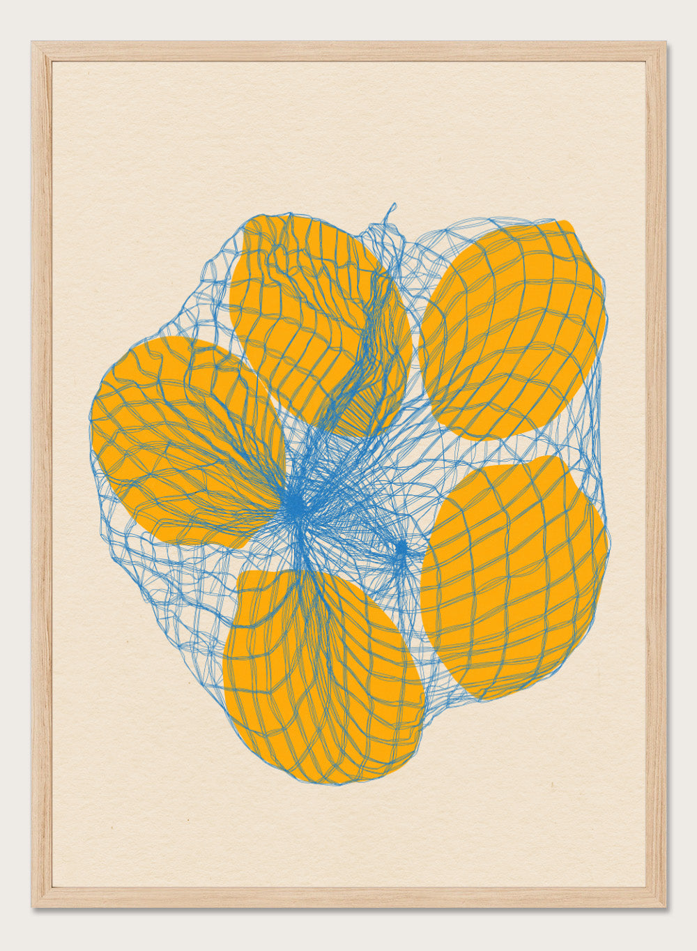 Geometric design with orange shapes and blue lines on a beige background. Five Lemons In a Net Bag by Rosi Feist is a modern minimalist fruit art print with Bauhaus design, officially licensed fine art poster.
