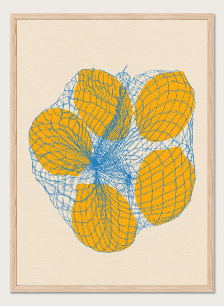 Geometric design with orange shapes and blue lines on a beige background. Five Lemons In a Net Bag by Rosi Feist is a modern minimalist fruit art print with Bauhaus design, officially licensed fine art poster.