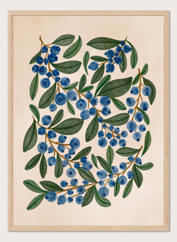 Botanical art print of blueberry branches with green leaves on a warm beige background. Shop Fresh Blueberry Sprigs by Nikita Jariwala, a botanical wall art print poster featuring blueberry branches, deep blue berries, and leafy green summer detail.