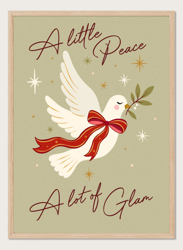 Shop Peace And Glam Dove by Dominique Vari, a festive dove wall art print poster featuring a red bow, olive branch, retro stars, and playful holiday typography.